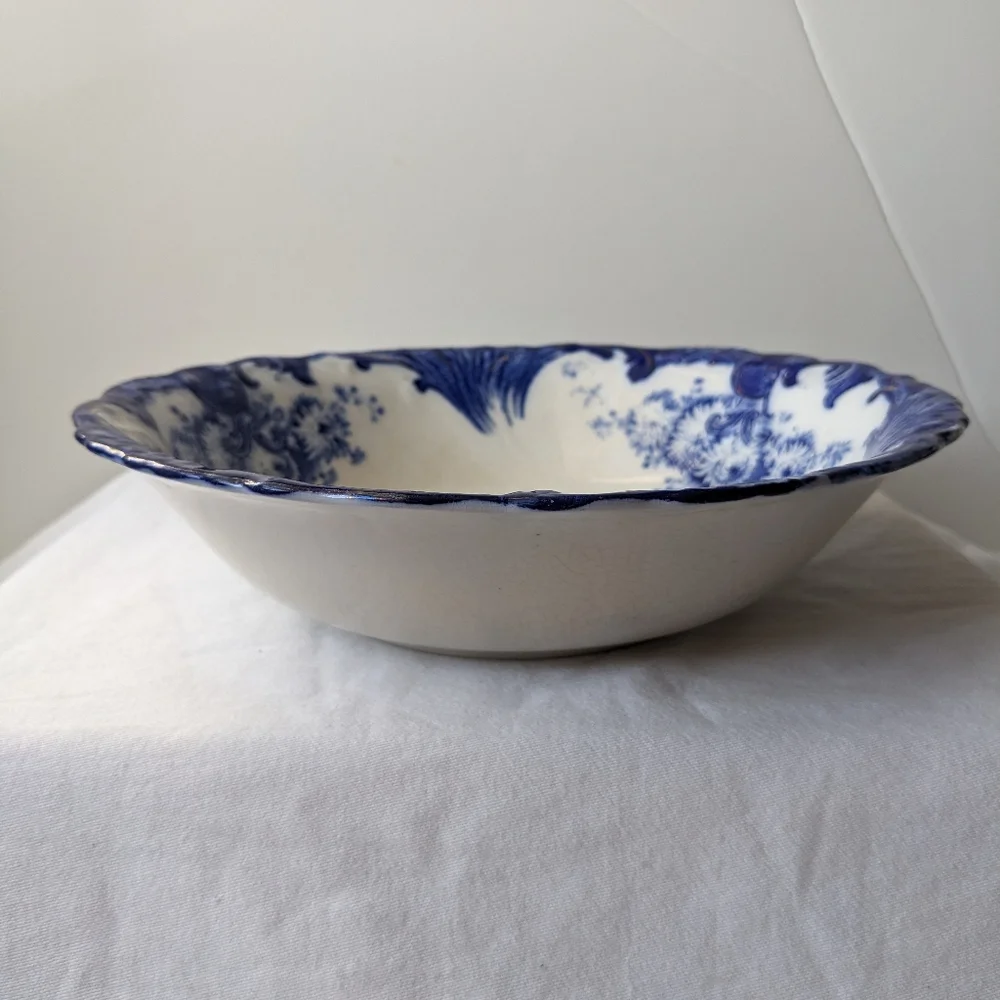 Antique Upper Hanley England Dahlia Flow Blue Floral Round Vegetable Bowl